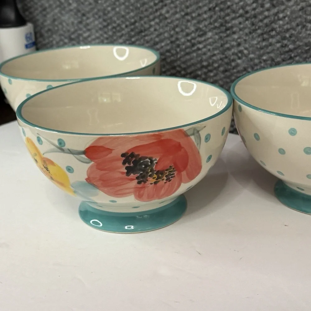 3 Pioneer Woman Bloom Dots Turquoise Footed Bowls 6